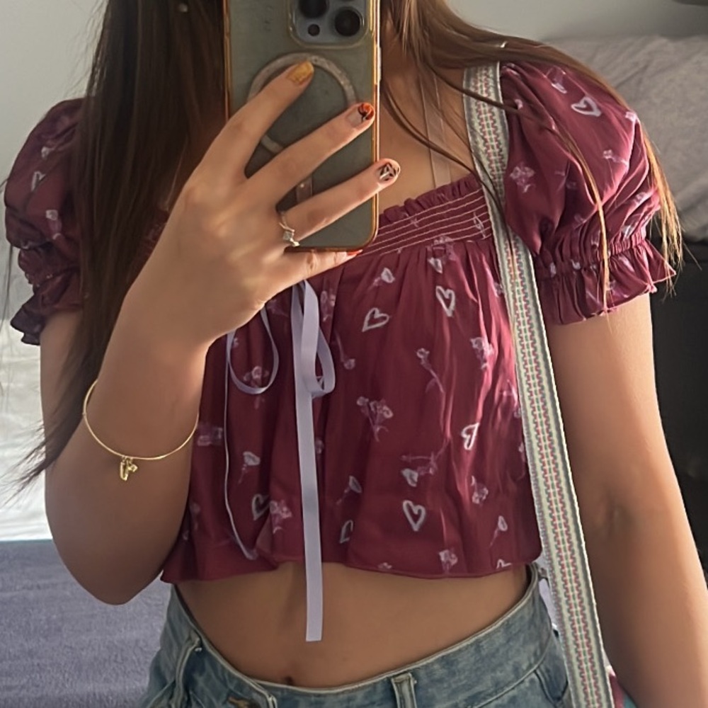 Urban Outfitters Heart Print Burgundy Crop Top